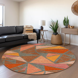 HomeRoots 8' Geometric Washable Round Rug in Rust Orange & Salmon - UV Resistant, Durable & Stylish Home Accent 681542