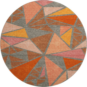 HomeRoots 8' Geometric Washable Round Rug in Rust Orange & Salmon - UV Resistant, Durable & Stylish Home Accent 681542