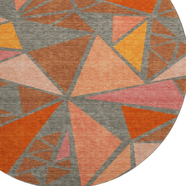 HomeRoots 8' Geometric Washable Round Rug in Rust Orange & Salmon - UV Resistant, Durable & Stylish Home Accent 681542