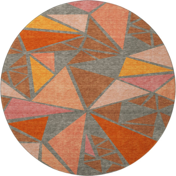 HomeRoots 8' Geometric Washable Round Rug in Rust Orange & Salmon - UV Resistant, Durable & Stylish Home Accent 681542