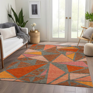 HomeRoots 8' X 10' Rust Orange & Salmon Geometric Area Rug - Washable, UV-Protected, Durable for Modern Spaces 681543