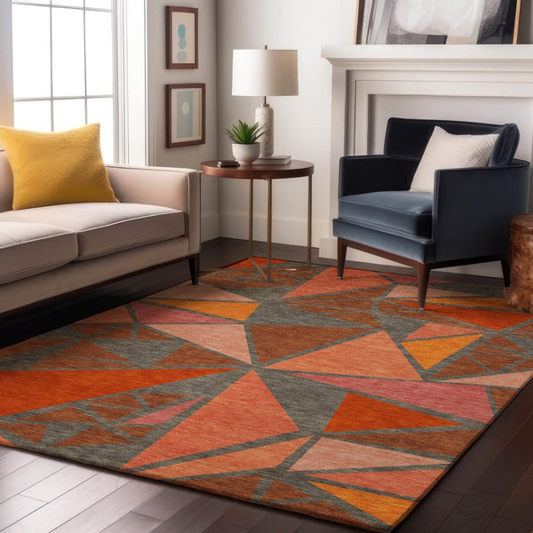 HomeRoots 10' X 14' Stylish Rust Orange & Salmon Geometric Area Rug - Washable, UV Protected, Durable Design 681545