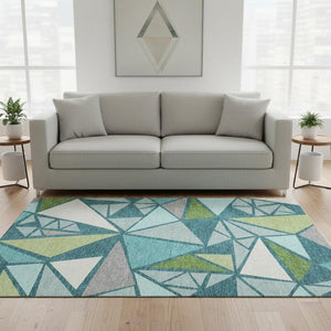 HomeRoots 5' X 8' Teal Green & Ivory Geometric Washable Area Rug - UV Protected, Stain-Resistant, Modern Style 681547