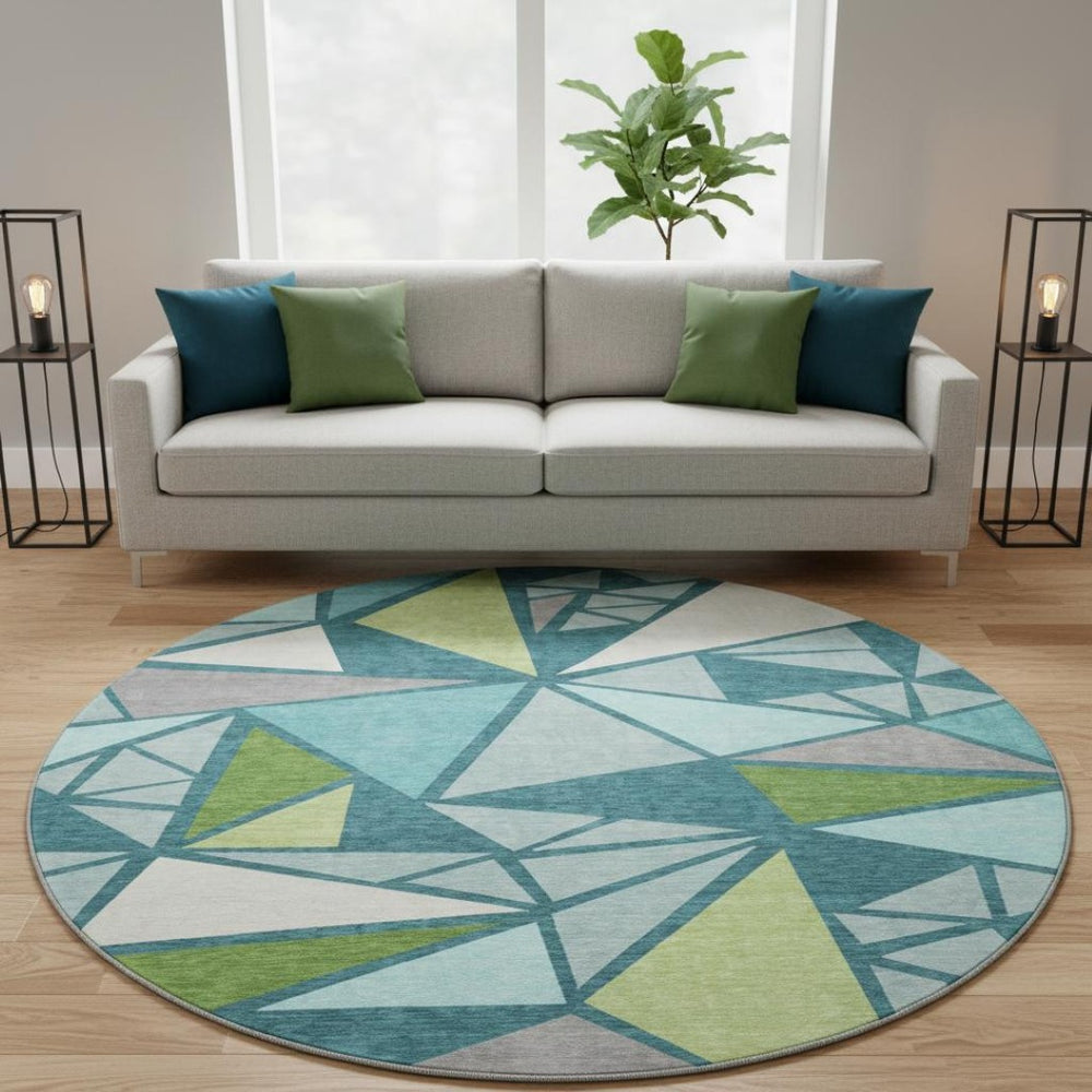 HomeRoots 8' Teal Green and Ivory Geometric Round Rug - Washable, UV-Protected, Soft & Stylish for Any Space 681548