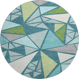 HomeRoots 8' Teal Green and Ivory Geometric Round Rug - Washable, UV-Protected, Soft & Stylish for Any Space 681548