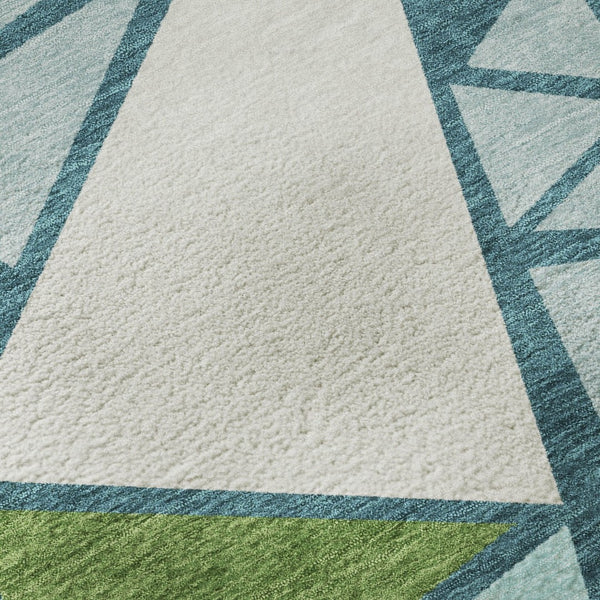 HomeRoots 8' Teal Green and Ivory Geometric Round Rug - Washable, UV-Protected, Soft & Stylish for Any Space 681548