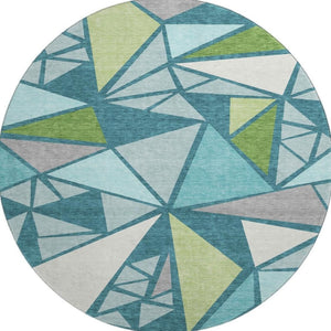 HomeRoots 8' Teal Green and Ivory Geometric Round Rug - Washable, UV-Protected, Soft & Stylish for Any Space 681548