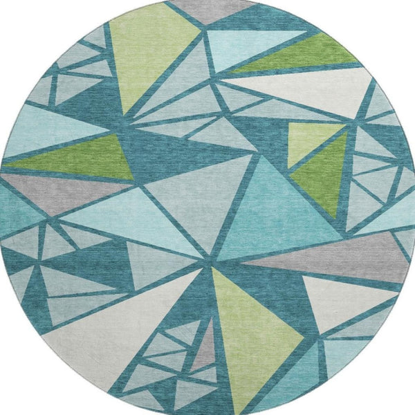 HomeRoots 8' Teal Green and Ivory Geometric Round Rug - Washable, UV-Protected, Soft & Stylish for Any Space 681548