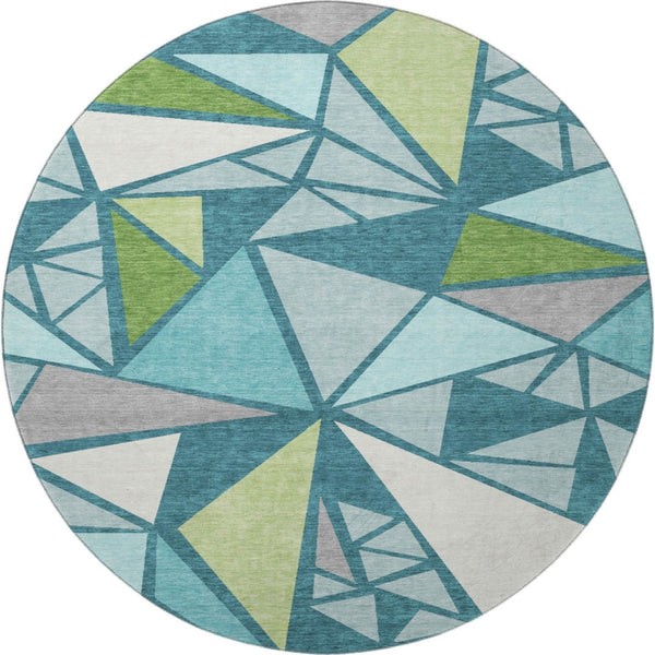 HomeRoots 8' Teal Green and Ivory Geometric Round Rug - Washable, UV-Protected, Soft & Stylish for Any Space 681548