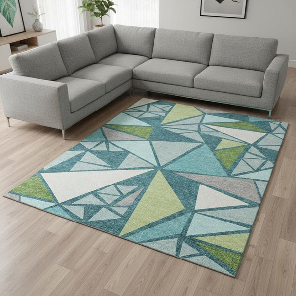 HomeRoots 8' X 10' Teal Green & Ivory Geometric Area Rug - Washable, UV Protected, Stain Resistant & Stylish! 681549