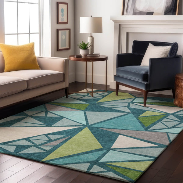 HomeRoots 8' X 10' Teal Green & Ivory Geometric Area Rug - Washable, UV Protected, Stain Resistant & Stylish! 681549