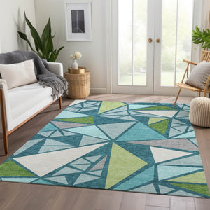 HomeRoots 8' X 10' Teal Green & Ivory Geometric Area Rug - Washable, UV Protected, Stain Resistant & Stylish! 681549