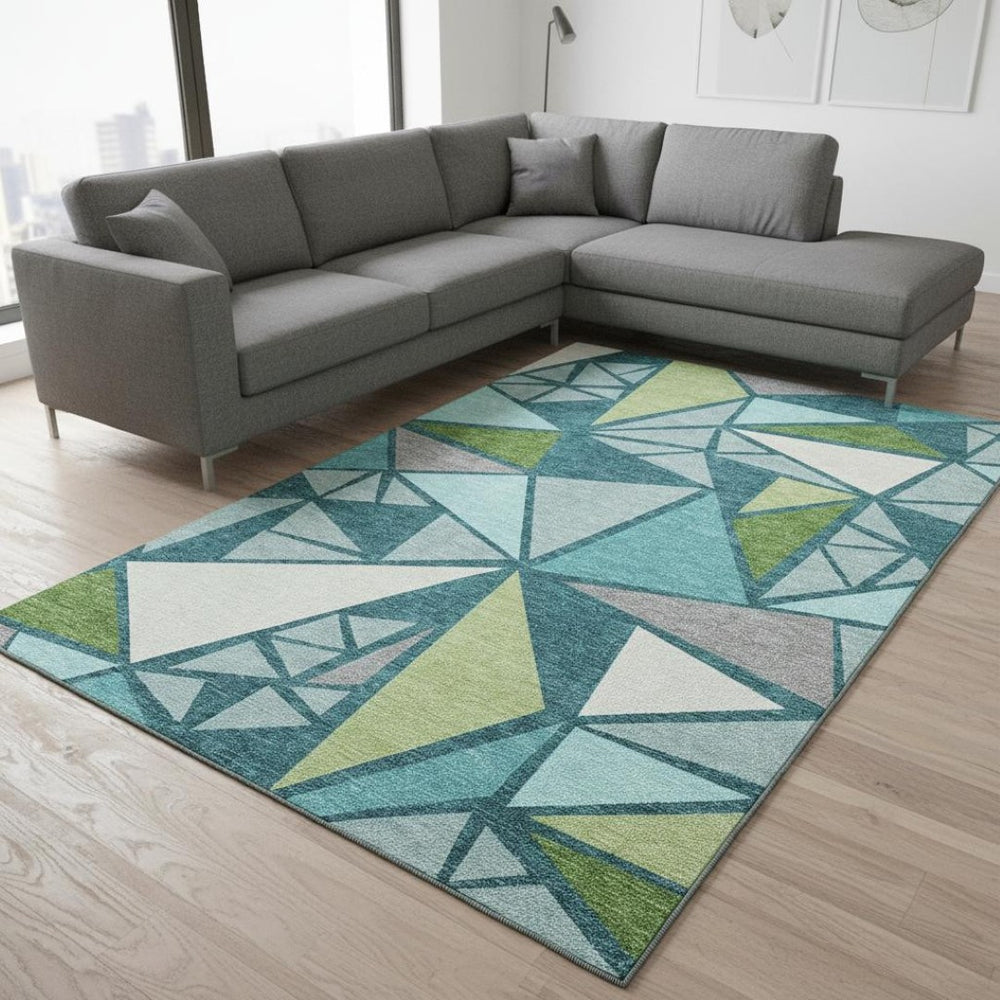 HomeRoots 9' X 12' Teal Green Geometric Area Rug - Washable, Stain-Resistant, UV Protected for Family Homes 681550