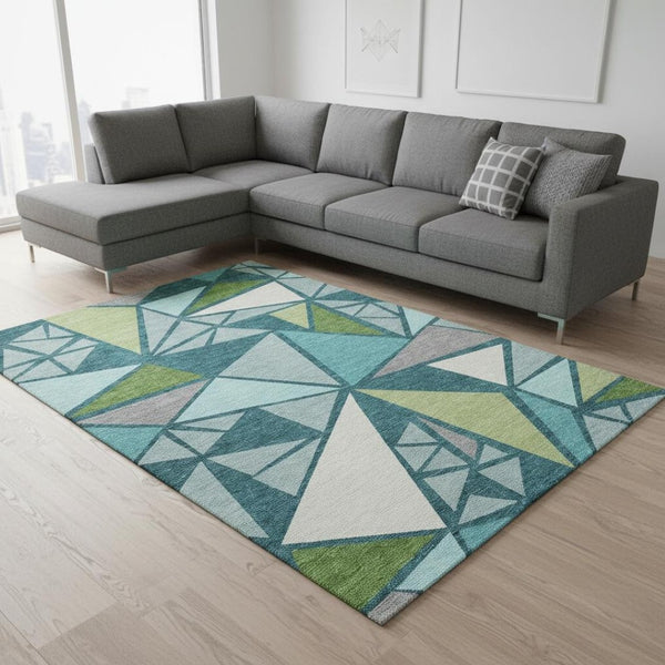 HomeRoots 10' Teal Green & Ivory Geometric Washable Area Rug - Kid & Pet Friendly, UV Protected, Easy Clean 681551