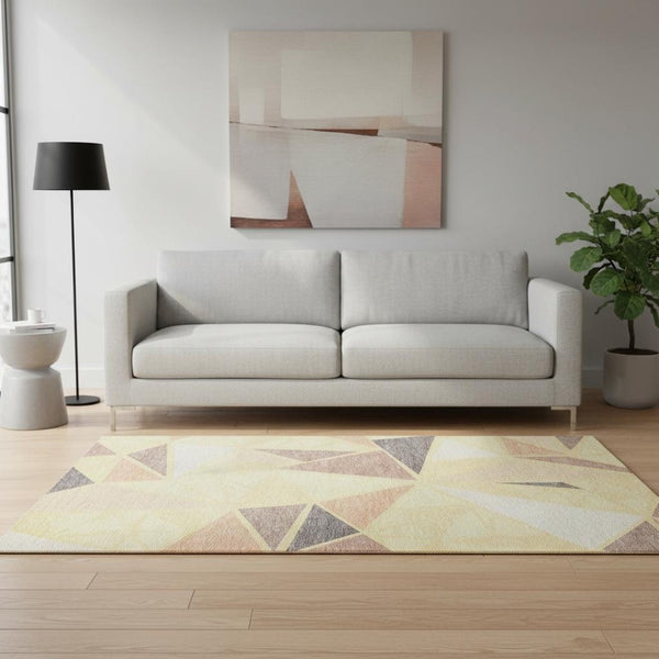 HomeRoots 5' X 8' Wheat Gray and Copper Geometric Area Rug – Washable, UV Protected, Modern Design for Homes 681553