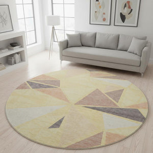 HomeRoots 8' Wheat Gray and Copper Geometric Washable Round Rug – UV Protected, Stain Resistant, Kid & Pet Friendly 681554
