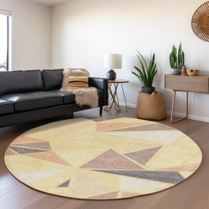 HomeRoots 8' Wheat Gray and Copper Geometric Washable Round Rug – UV Protected, Stain Resistant, Kid & Pet Friendly 681554