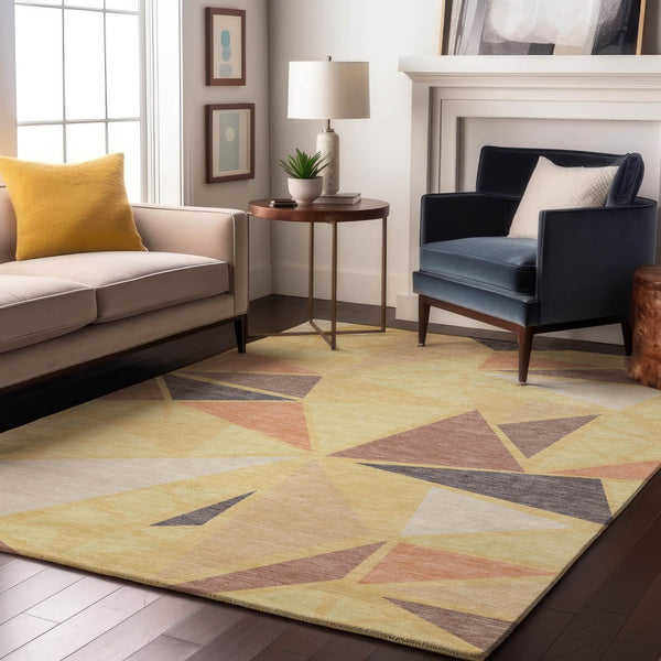HomeRoots 8' X 10' Wheat Gray & Copper Geometric Area Rug - Durable, Washable, UV Protected for Modern Spaces 681555