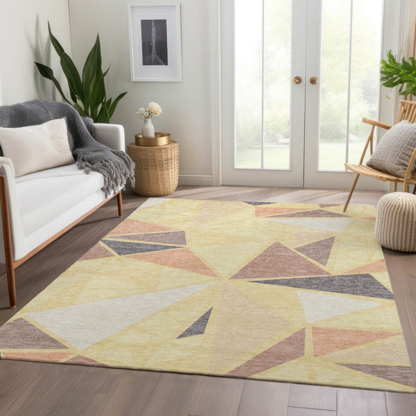 HomeRoots 8' X 10' Wheat Gray & Copper Geometric Area Rug - Durable, Washable, UV Protected for Modern Spaces 681555