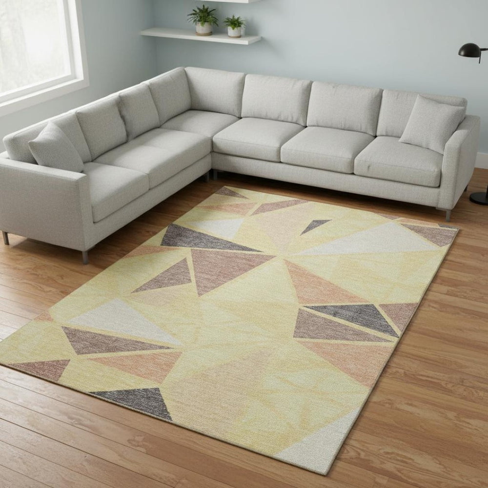 HomeRoots 9' X 12' Wheat Gray & Copper Geometric Washable Area Rug with Stain Resistance & UV Defense 681556
