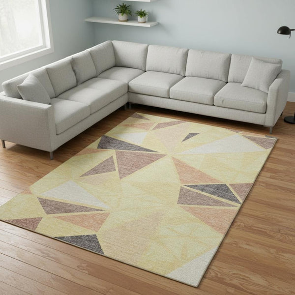 HomeRoots 9' X 12' Wheat Gray & Copper Geometric Washable Area Rug with Stain Resistance & UV Defense 681556