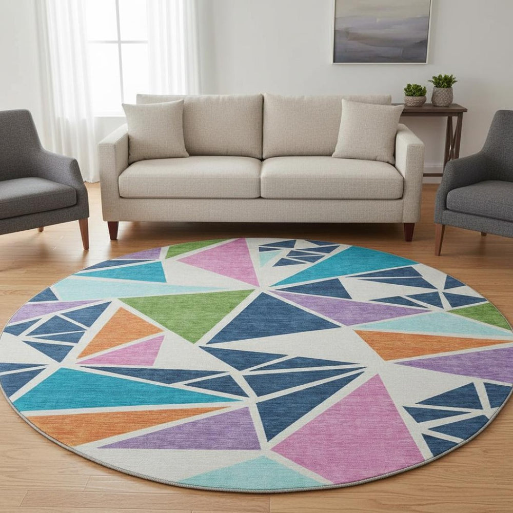 HomeRoots 8' Vibrant Geometric Round Rug in Teal, Pink & Orange - Washable, UV-Protected, Stain-Resistant Design 681560