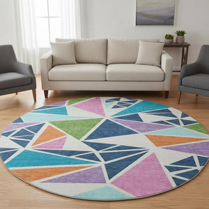 HomeRoots 8' Vibrant Geometric Round Rug in Teal, Pink & Orange - Washable, UV-Protected, Stain-Resistant Design 681560
