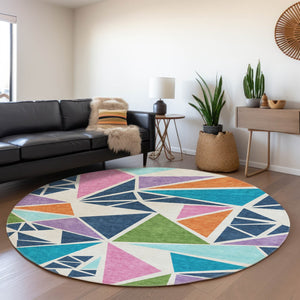 HomeRoots 8' Vibrant Geometric Round Rug in Teal, Pink & Orange - Washable, UV-Protected, Stain-Resistant Design 681560