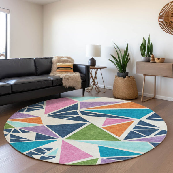 HomeRoots 8' Vibrant Geometric Round Rug in Teal, Pink & Orange - Washable, UV-Protected, Stain-Resistant Design 681560