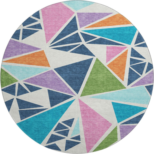 HomeRoots 8' Vibrant Geometric Round Rug in Teal, Pink & Orange - Washable, UV-Protected, Stain-Resistant Design 681560