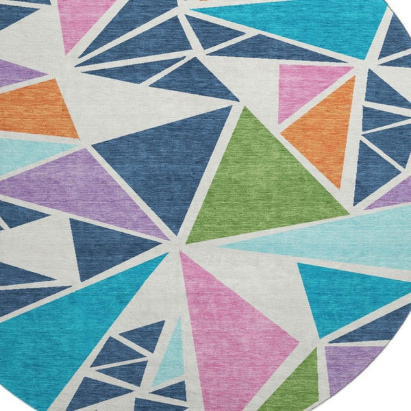 HomeRoots 8' Vibrant Geometric Round Rug in Teal, Pink & Orange - Washable, UV-Protected, Stain-Resistant Design 681560
