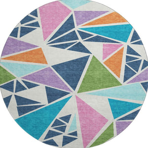 HomeRoots 8' Vibrant Geometric Round Rug in Teal, Pink & Orange - Washable, UV-Protected, Stain-Resistant Design 681560