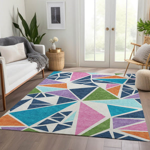 HomeRoots 8' X 10' Bold Washable Area Rug in Teal, Pink & Orange - UV Protected, Stain Resistant, Durable Design 681561