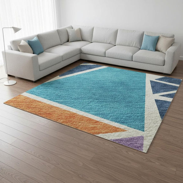 HomeRoots 9' X 12' Geometric Washable Area Rug in White, Teal, Pink & Orange - Stain Resistant & UV Protected 681562