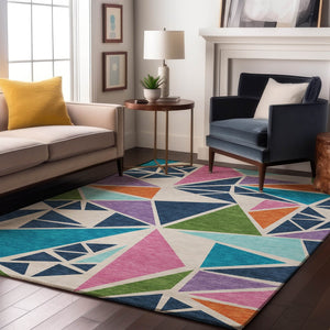 HomeRoots 9' X 12' Geometric Washable Area Rug in White, Teal, Pink & Orange - Stain Resistant & UV Protected 681562