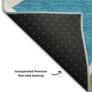 HomeRoots 9' X 12' Geometric Washable Area Rug in White, Teal, Pink & Orange - Stain Resistant & UV Protected 681562
