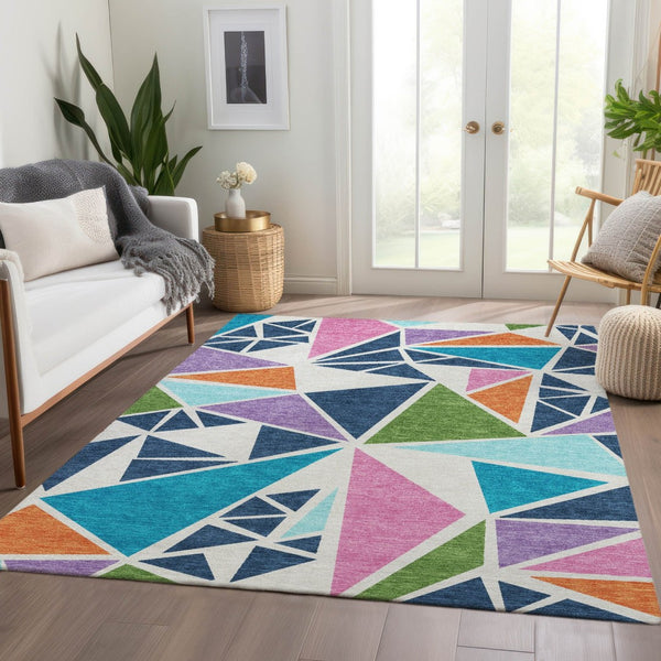 HomeRoots 9' X 12' Geometric Washable Area Rug in White, Teal, Pink & Orange - Stain Resistant & UV Protected 681562