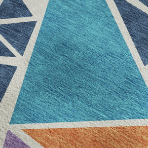 HomeRoots 9' X 12' Geometric Washable Area Rug in White, Teal, Pink & Orange - Stain Resistant & UV Protected 681562
