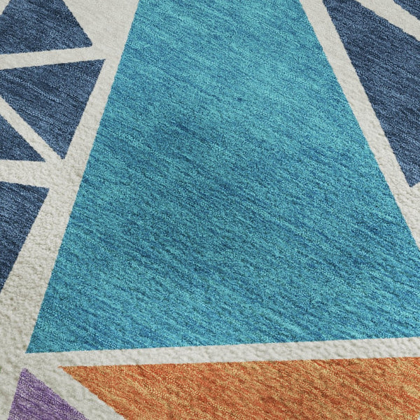 HomeRoots 10' X 14' Geometric Washable Area Rug in Vibrant Teal, Pink & Orange with UV Protection for Easy Care 681563