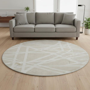 HomeRoots 8' Beige and Ivory Geometric Round Rug - Washable, UV Protected, Stain Resistant for Modern Spaces 681566