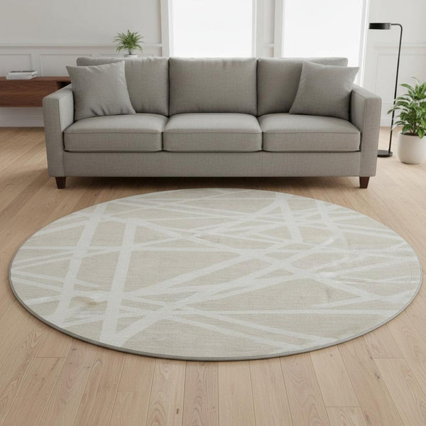 HomeRoots 8' Beige and Ivory Geometric Round Rug - Washable, UV Protected, Stain Resistant for Modern Spaces 681566