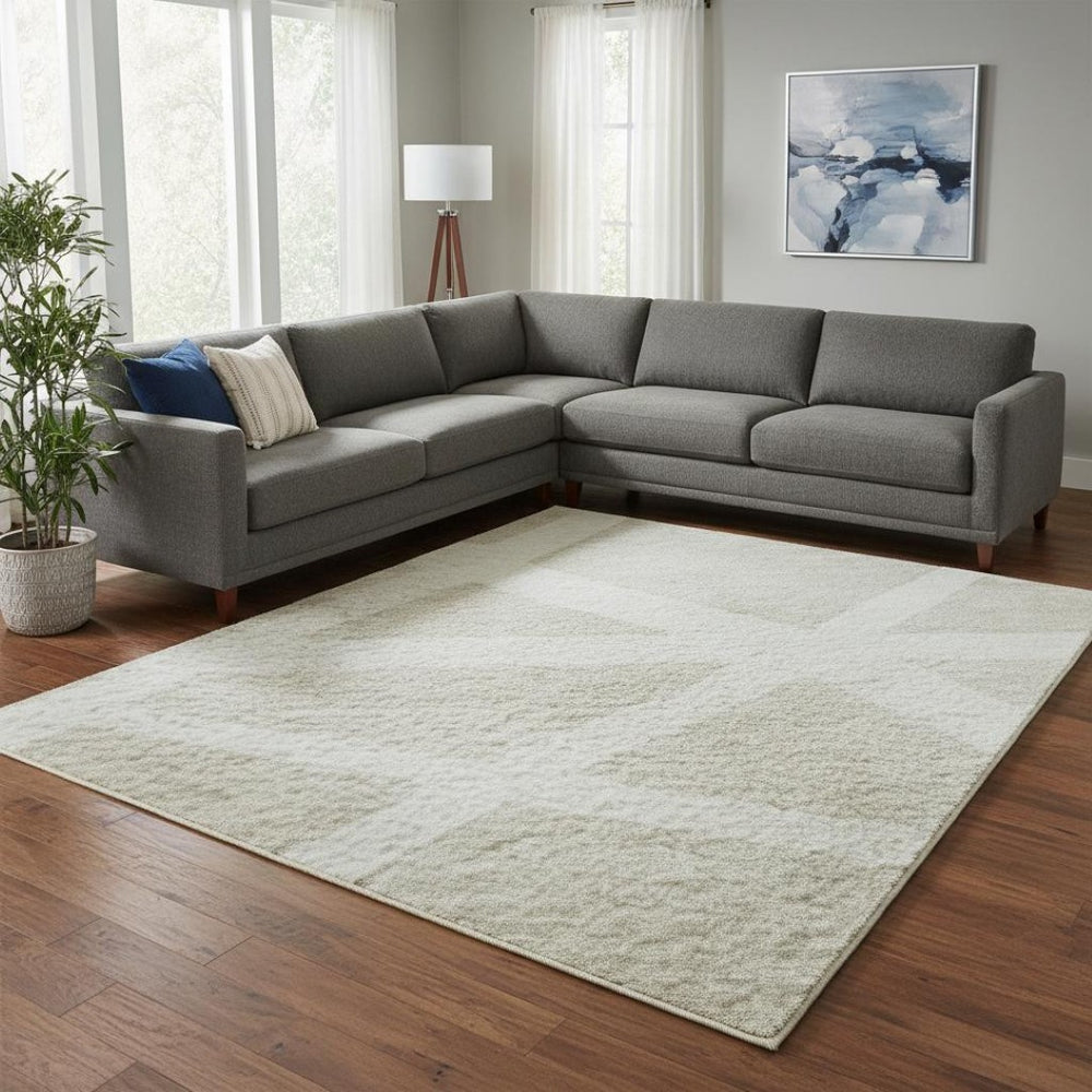 HomeRoots 10' X 14' Beige & Ivory Geometric Washable Area Rug with UV Protection for Modern Living Spaces 681569