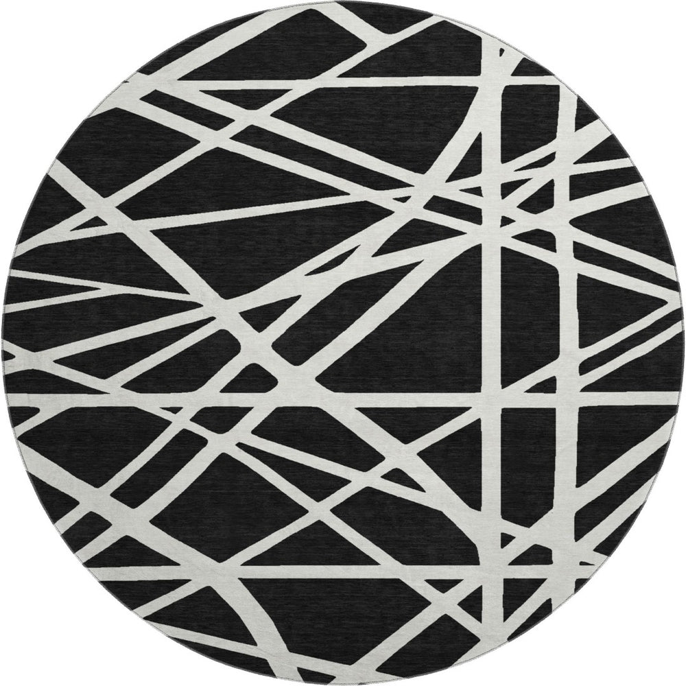 HomeRoots 8' Black & Ivory Geometric Washable Round Rug - Durable, UV-Protected, Ideal for Homes with Kids & Pets 681572