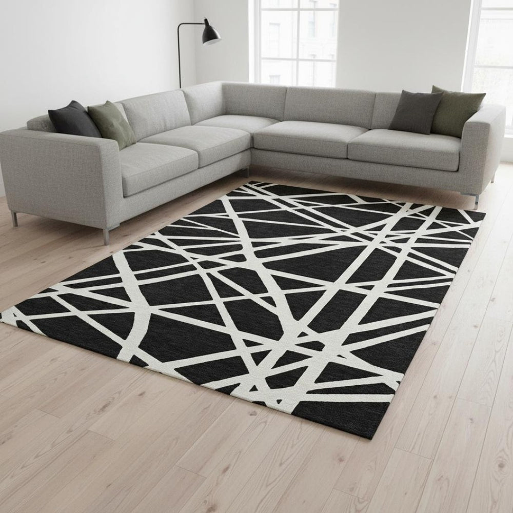 HomeRoots 9' X 12' Black And Ivory Geometric Area Rug – Washable, UV Protected & Family-Friendly Design! 681574
