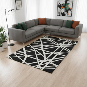 HomeRoots 10' X 14' Black And Ivory Geometric Area Rug - Washable, UV Protected, Durable & Stylish Design 681575