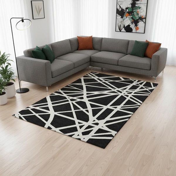 HomeRoots 10' X 14' Black And Ivory Geometric Area Rug - Washable, UV Protected, Durable & Stylish Design 681575