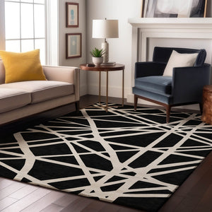 HomeRoots 10' X 14' Black And Ivory Geometric Area Rug - Washable, UV Protected, Durable & Stylish Design 681575