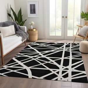 HomeRoots 10' X 14' Black And Ivory Geometric Area Rug - Washable, UV Protected, Durable & Stylish Design 681575