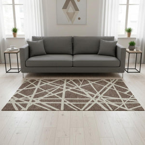 HomeRoots 5' X 8' Brown and Ivory Geometric Area Rug - Washable, UV Protected, Durable for Families & Pets 681577