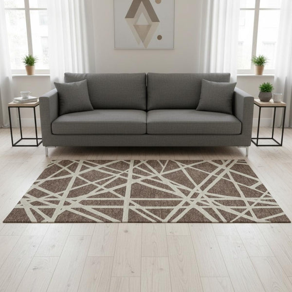 HomeRoots 5' X 8' Brown and Ivory Geometric Area Rug - Washable, UV Protected, Durable for Families & Pets 681577